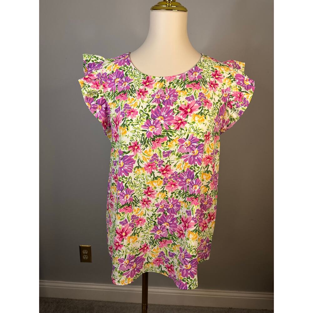 NWT Les Amis Ruffled Short Sleeve Floral Top Sz Med Pink Purple Yellow Daisies